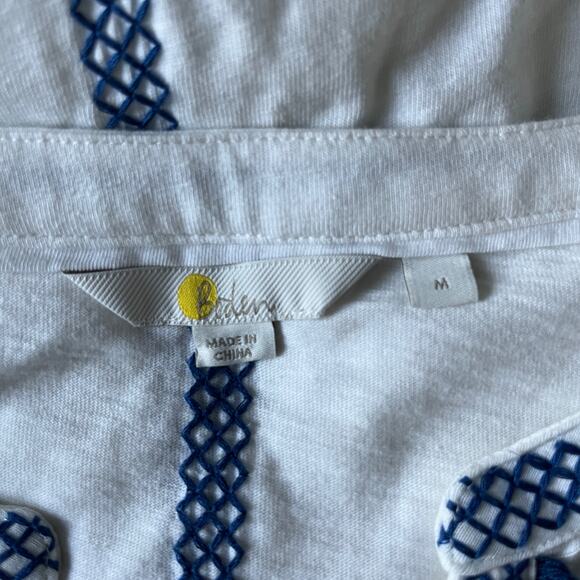 Boden Split Neck Tassel Front Embroidered Tunic Boho Top White Blue Medium - Picture 6 of 7